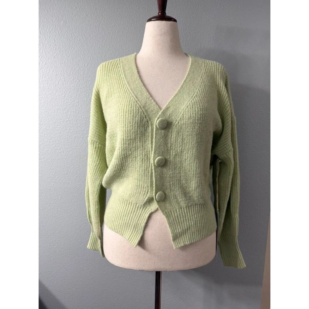 Pistachio Green V-Neck Button Cardigan Sweater Lumiere L